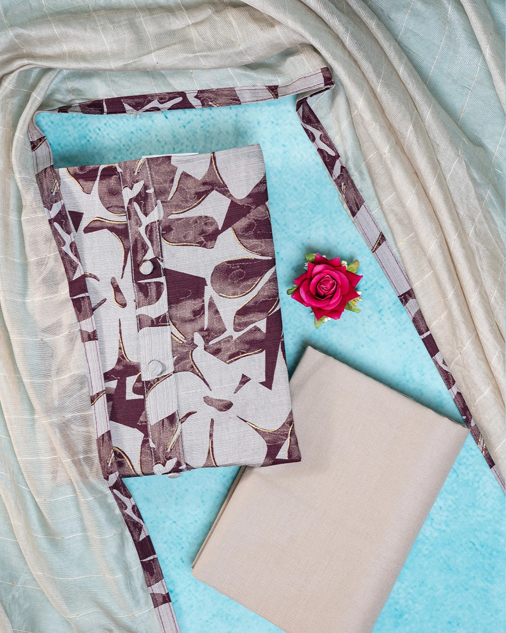Elegant Grey & Maroon Abstract Printed Chudi Material