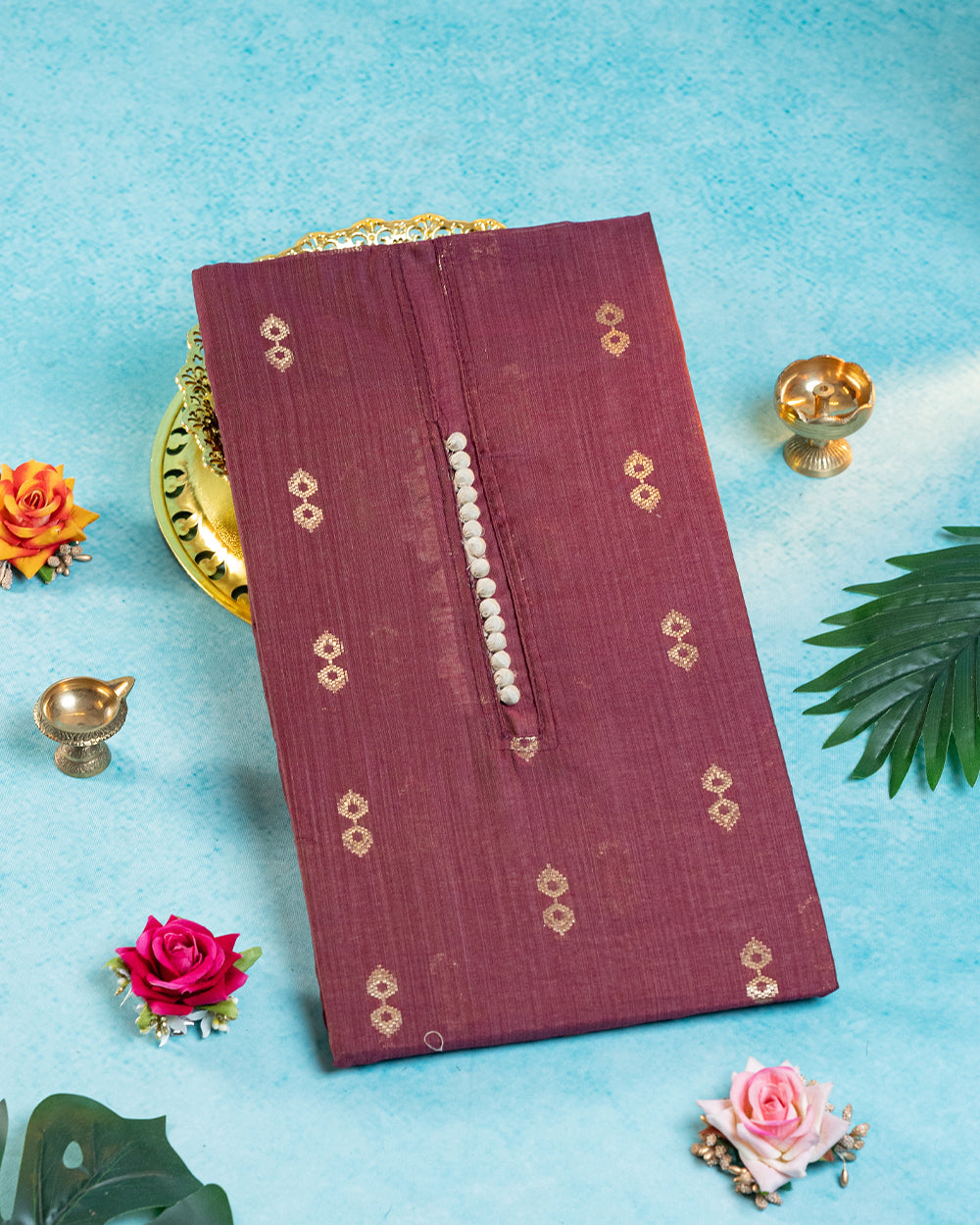 Elegant Maroon & Cream Embroidered Chudi Material