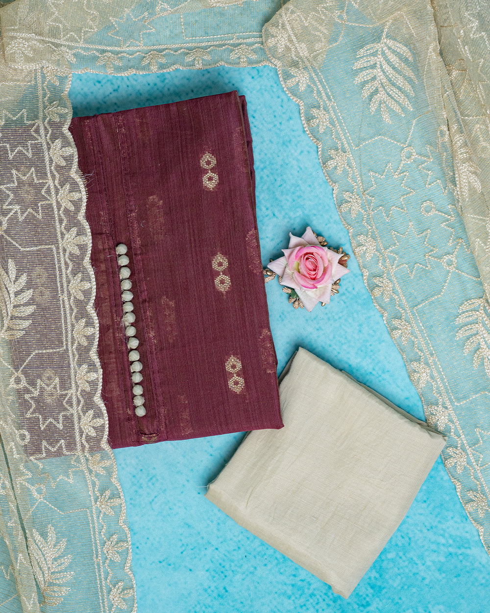 Elegant Maroon & Cream Embroidered Chudi Material