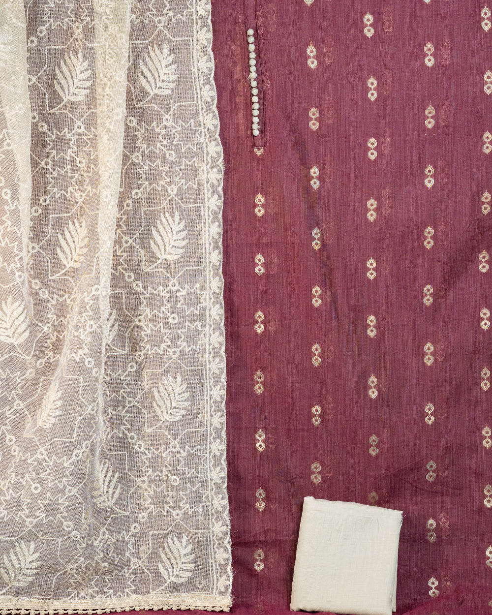 Elegant Maroon & Cream Embroidered Chudi Material