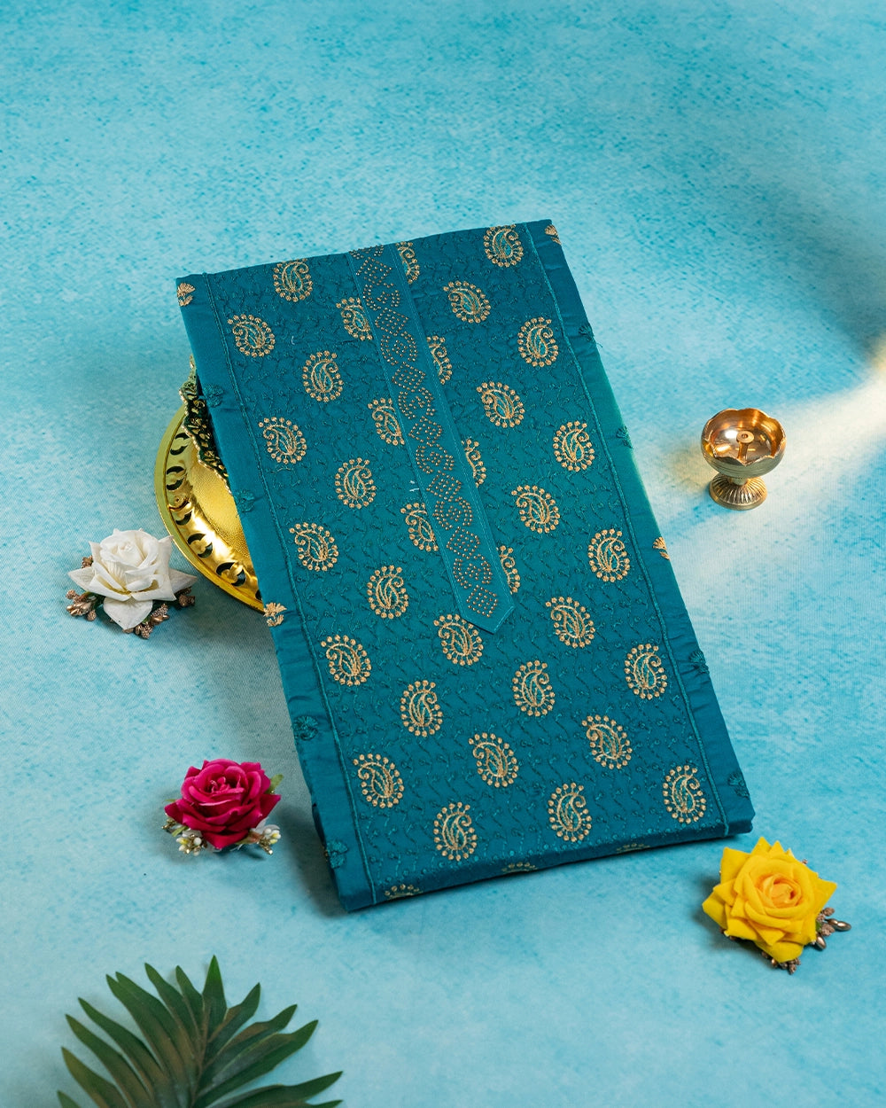 Elegant Teal Blue & Mustard Yellow Chudi MateriaL