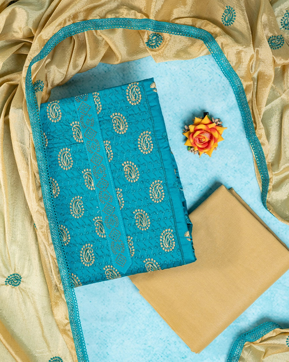 Elegant Teal Blue & Mustard Yellow Chudi MateriaL
