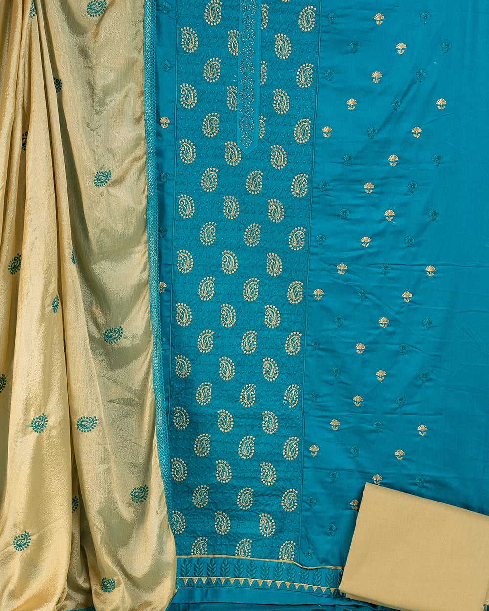 Elegant Teal Blue & Mustard Yellow Chudi MateriaL