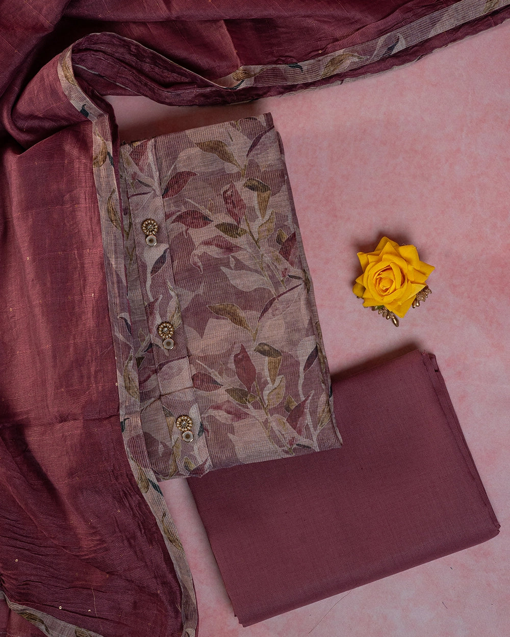 Elegant Wine & Rose Floral Printed Chudi Material
