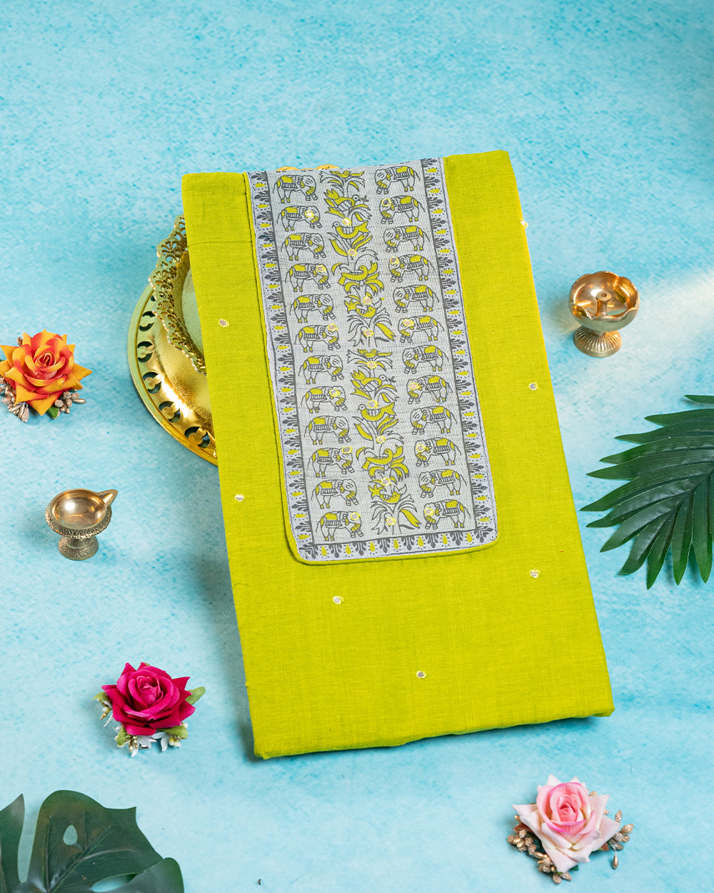 Elegant Cream & Yellow Printed Chudi Material