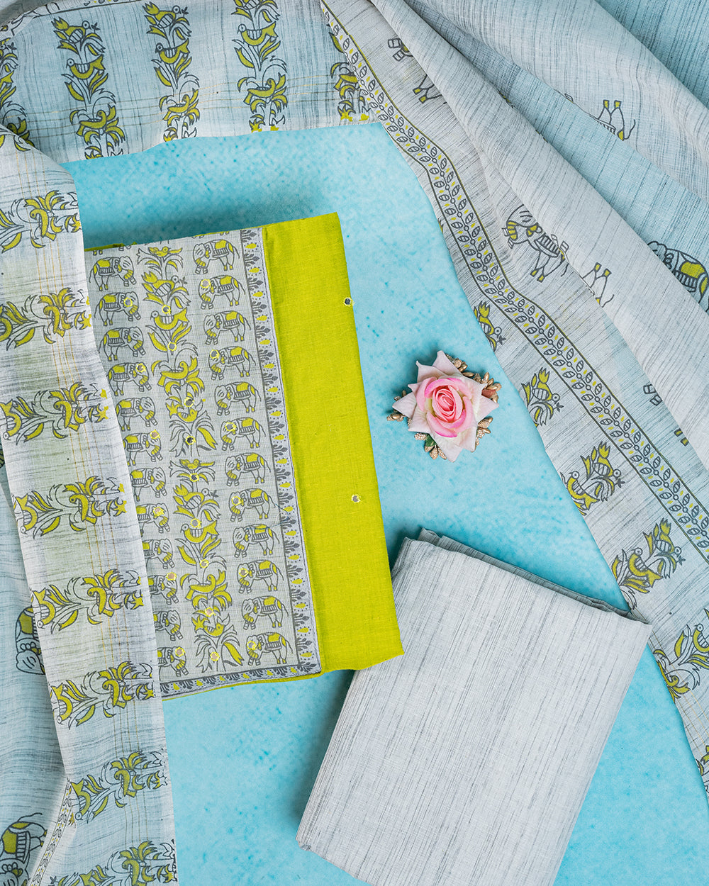 Elegant Cream & Yellow Printed Chudi Material