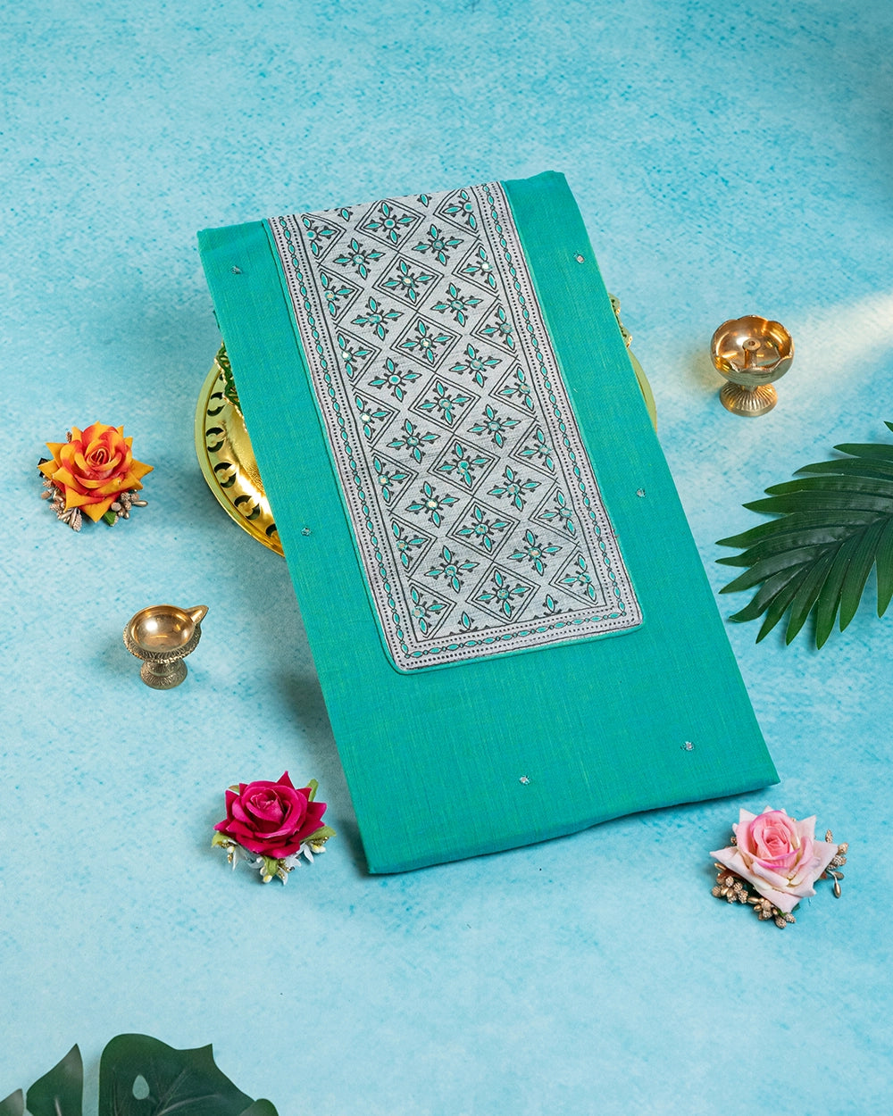 Elegant Green &Light Grey Chudi Material