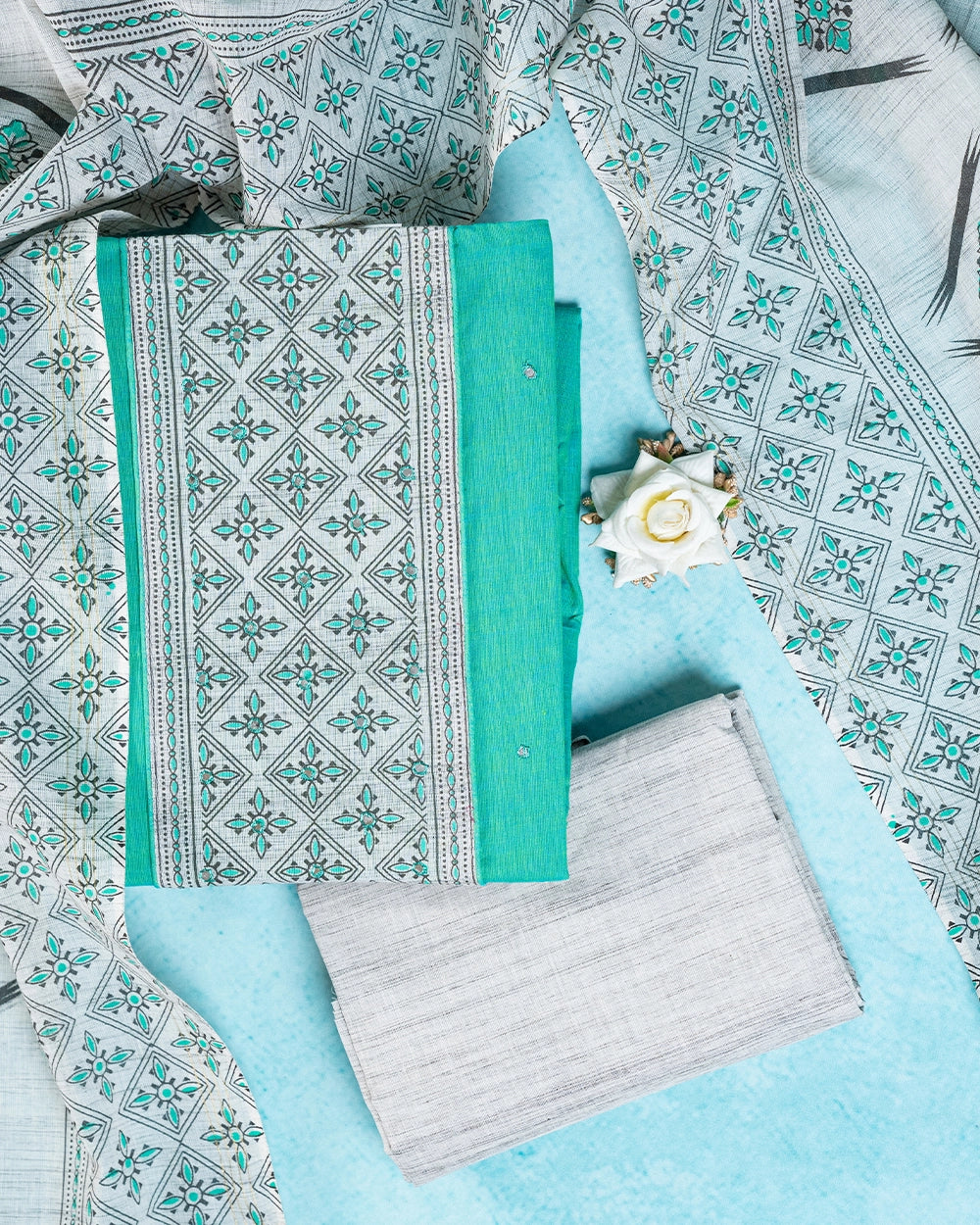Elegant Green &Light Grey Chudi Material