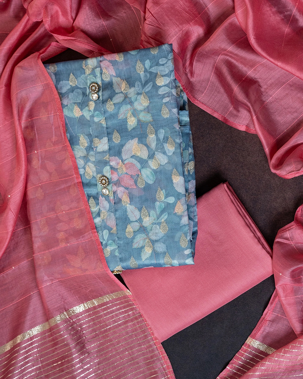 Elegant Dusty Pink & Blue Floral Printed  Chudi   Material