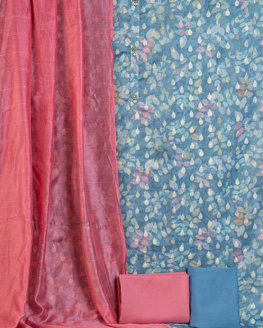 Elegant Dusty Pink & Blue Floral Printed  Chudi   Material