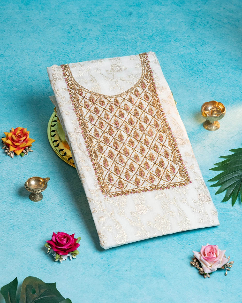 Elegant White & Pink Embroidery Chudi Material