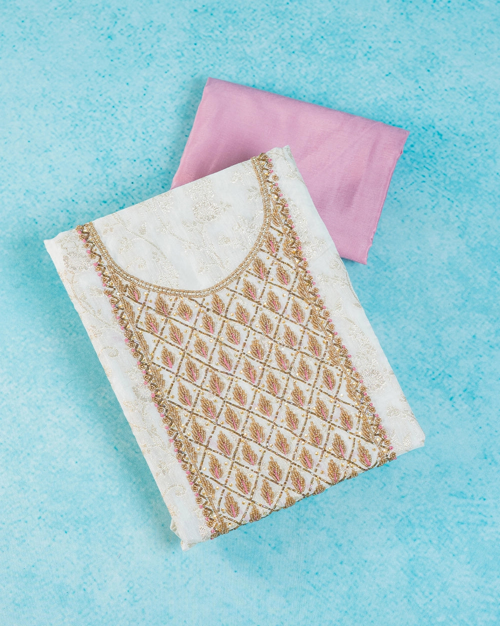 Elegant White & Pink Embroidery Chudi Material