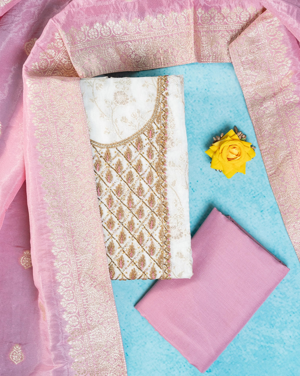 Elegant White & Pink Embroidery Chudi Material