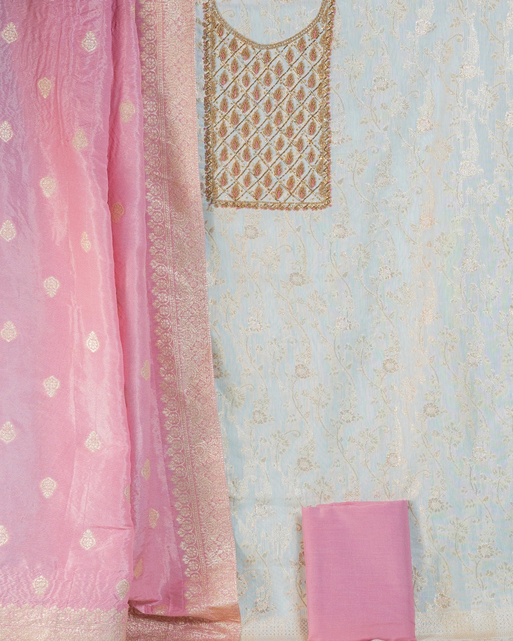 Elegant White & Pink Embroidery Chudi Material