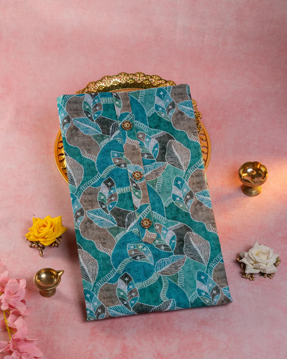 Elegant Teal Green & Brown Printed Chudi Material