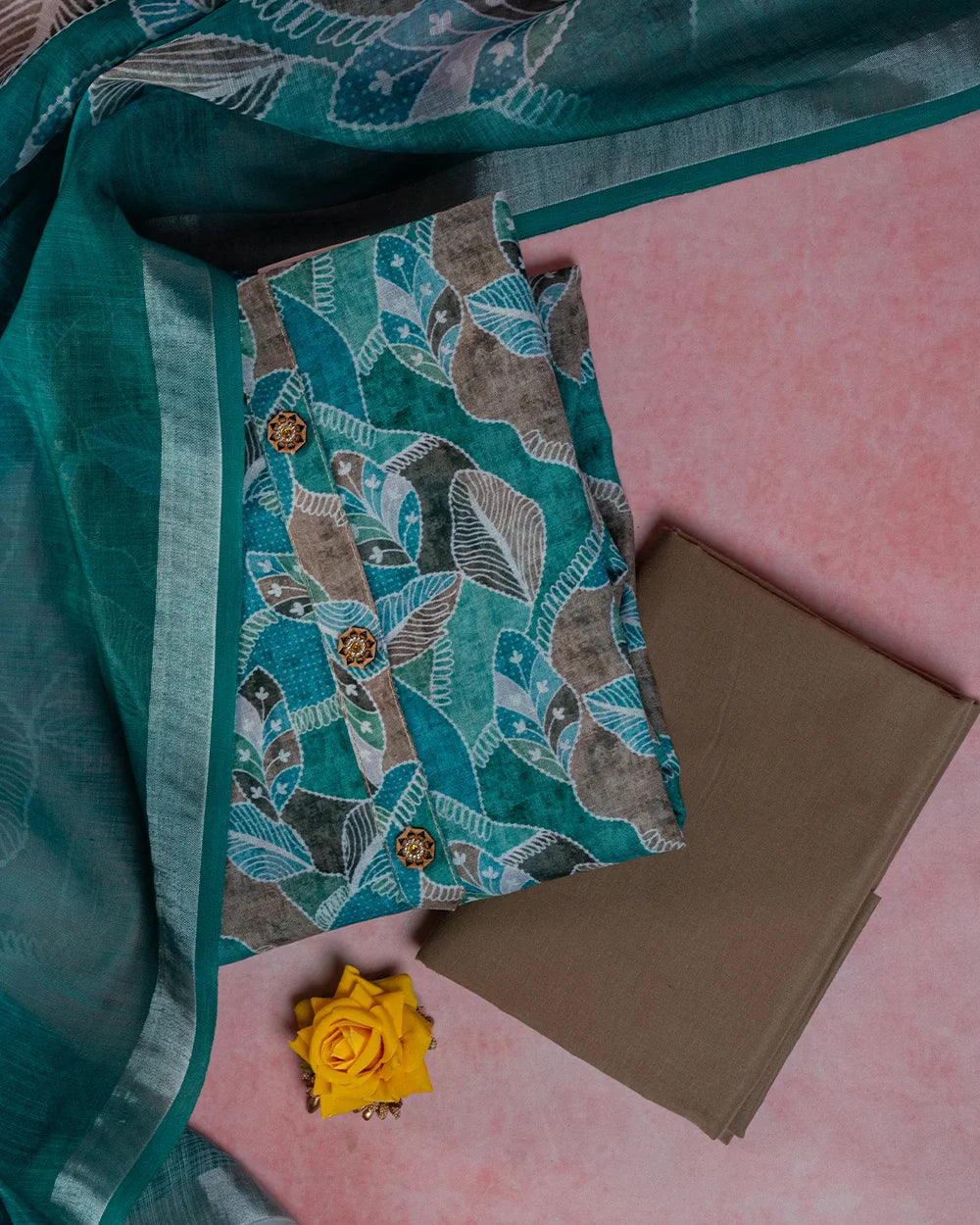 Elegant Teal Green & Brown Printed Chudi Material