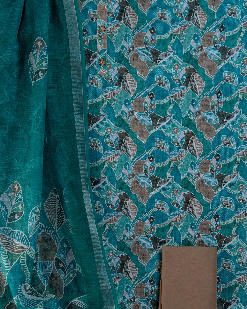 Elegant Teal Green & Brown Printed Chudi Material