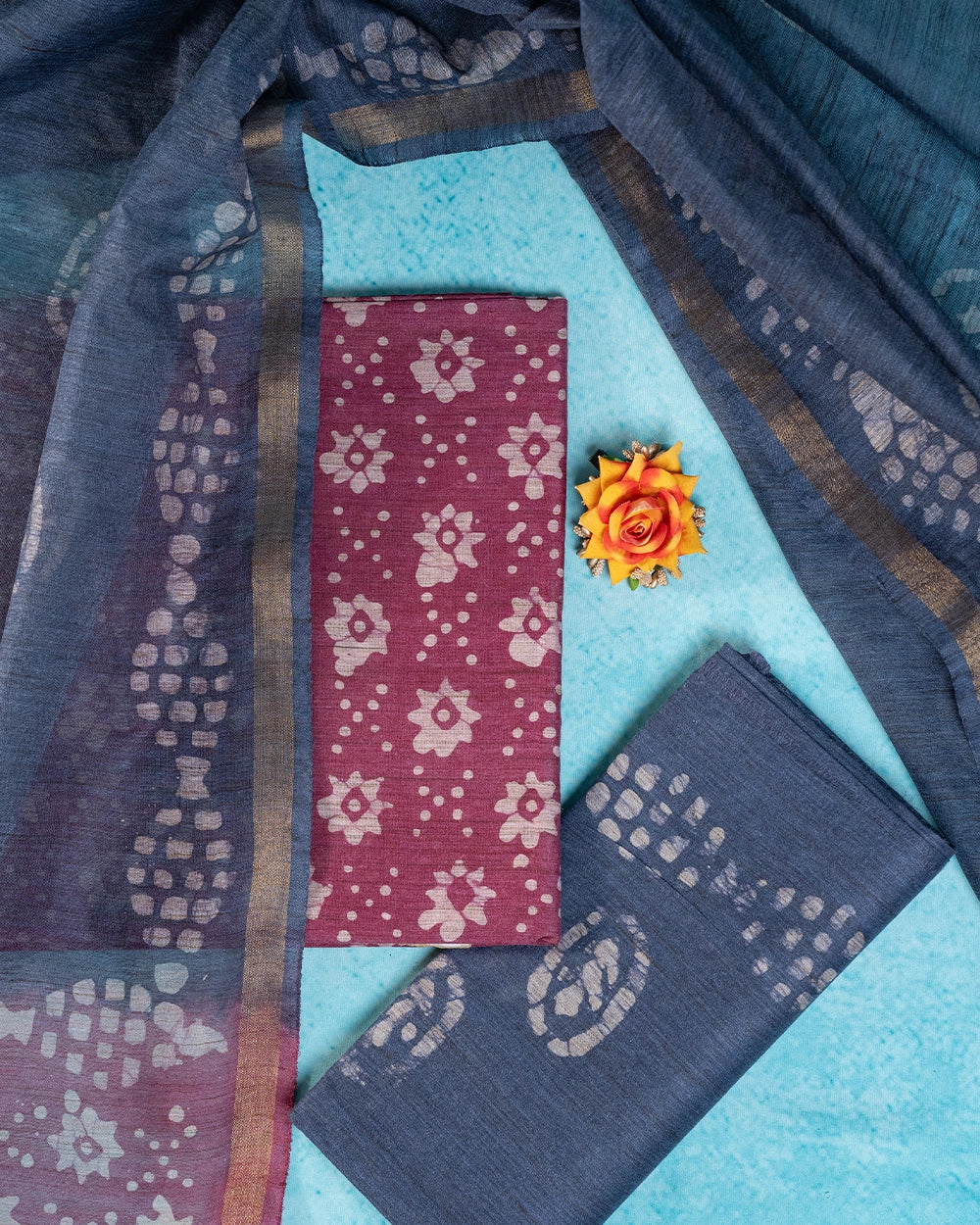 Elegant Burgundy & Navy Blue Printed Chudi Material