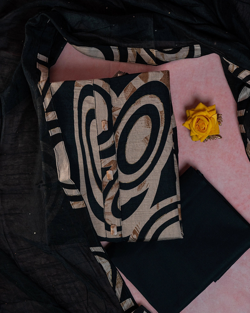 Elegant Black & Beige Printed Chudi Material