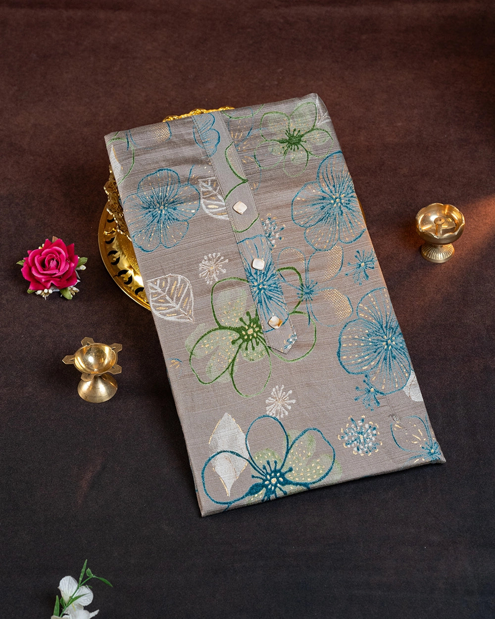Elegant Beige &Teal Blue Floral Printed Chudi Material