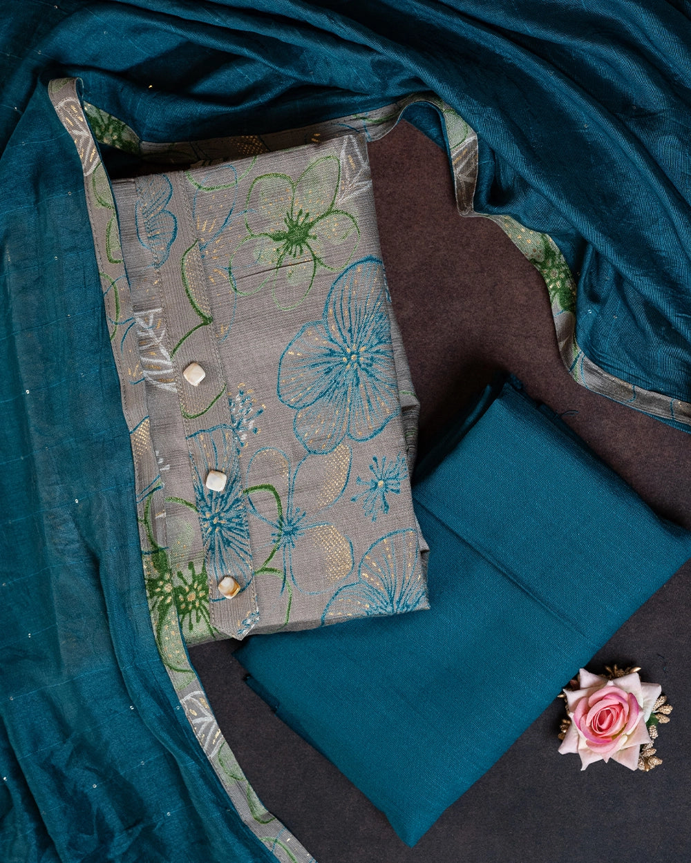 Elegant Beige &Teal Blue Floral Printed Chudi Material