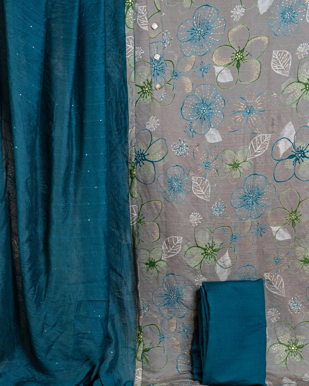 Elegant Beige &Teal Blue Floral Printed Chudi Material