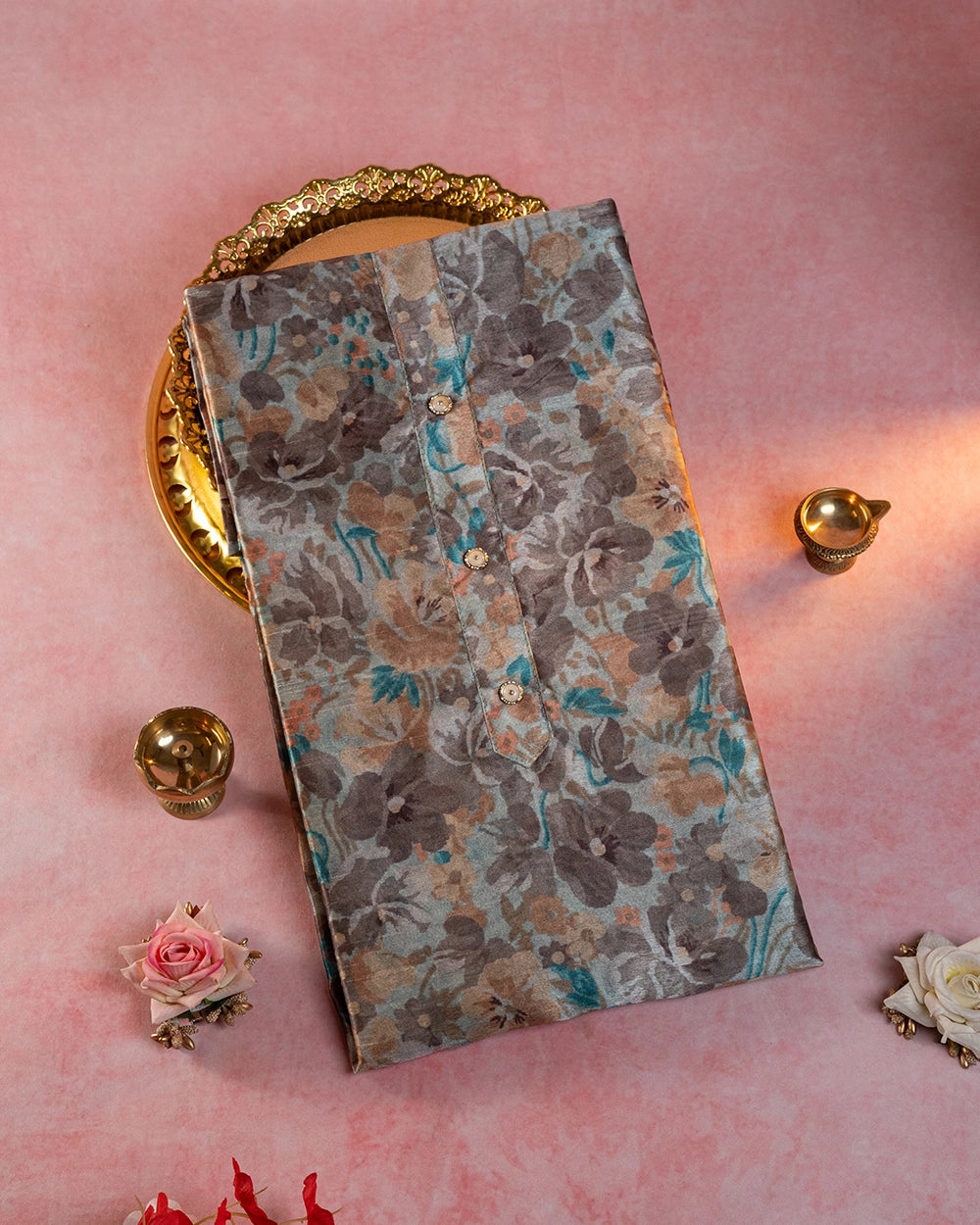 Elegant Teal Green Brown Floral Printed Chudi Material
