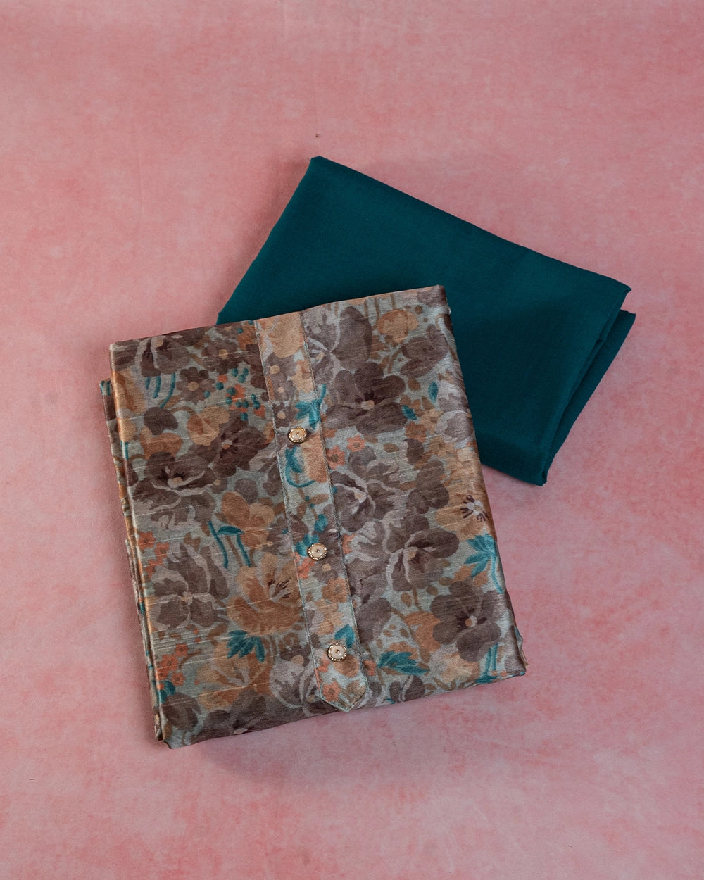 Elegant Teal Green Brown Floral Printed Chudi Material