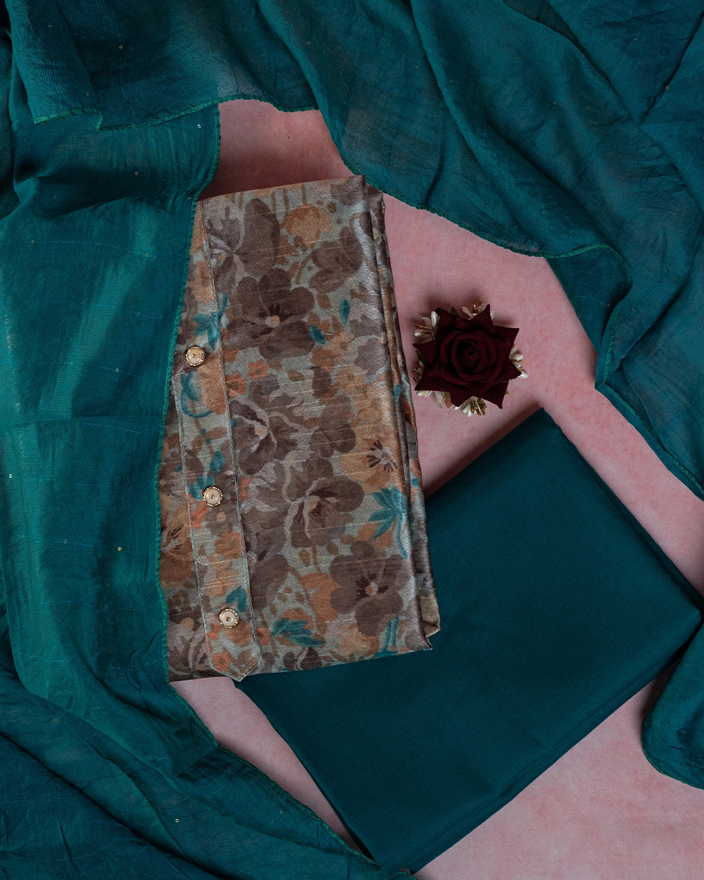 Elegant Teal Green Brown Floral Printed Chudi Material