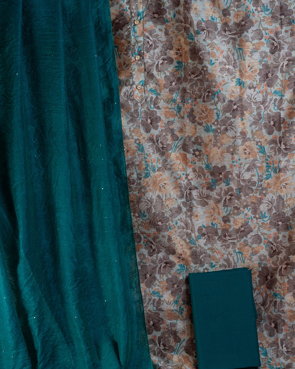 Elegant Teal Green Brown Floral Printed Chudi Material