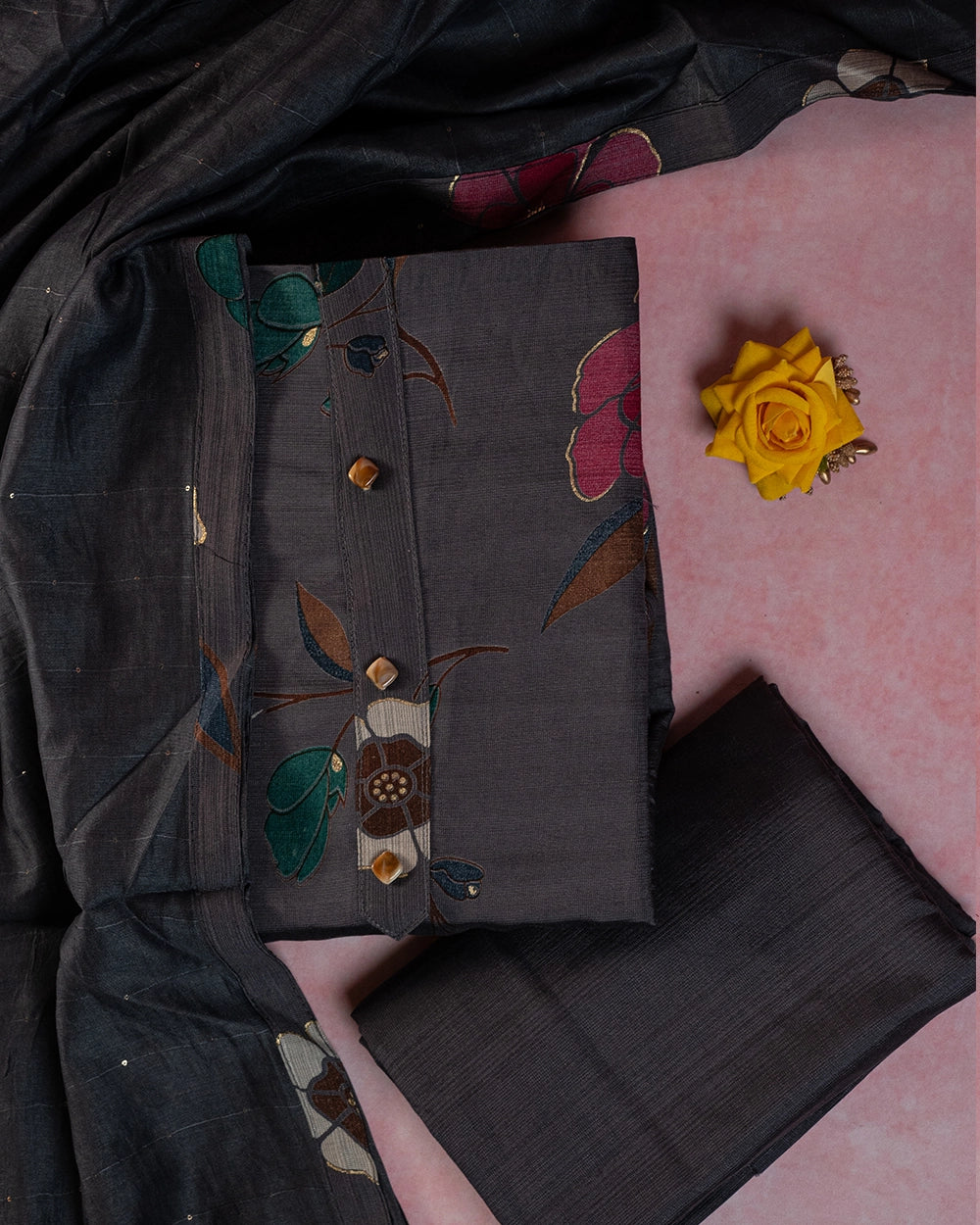Elegant Charcoal Grey Floral Printed Chudi Material