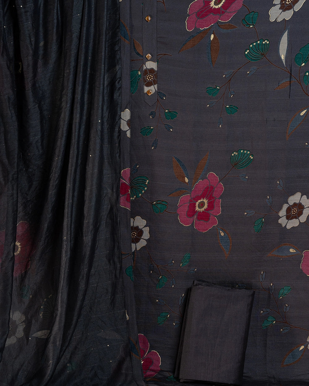 Elegant Charcoal Grey Floral Printed Chudi Material
