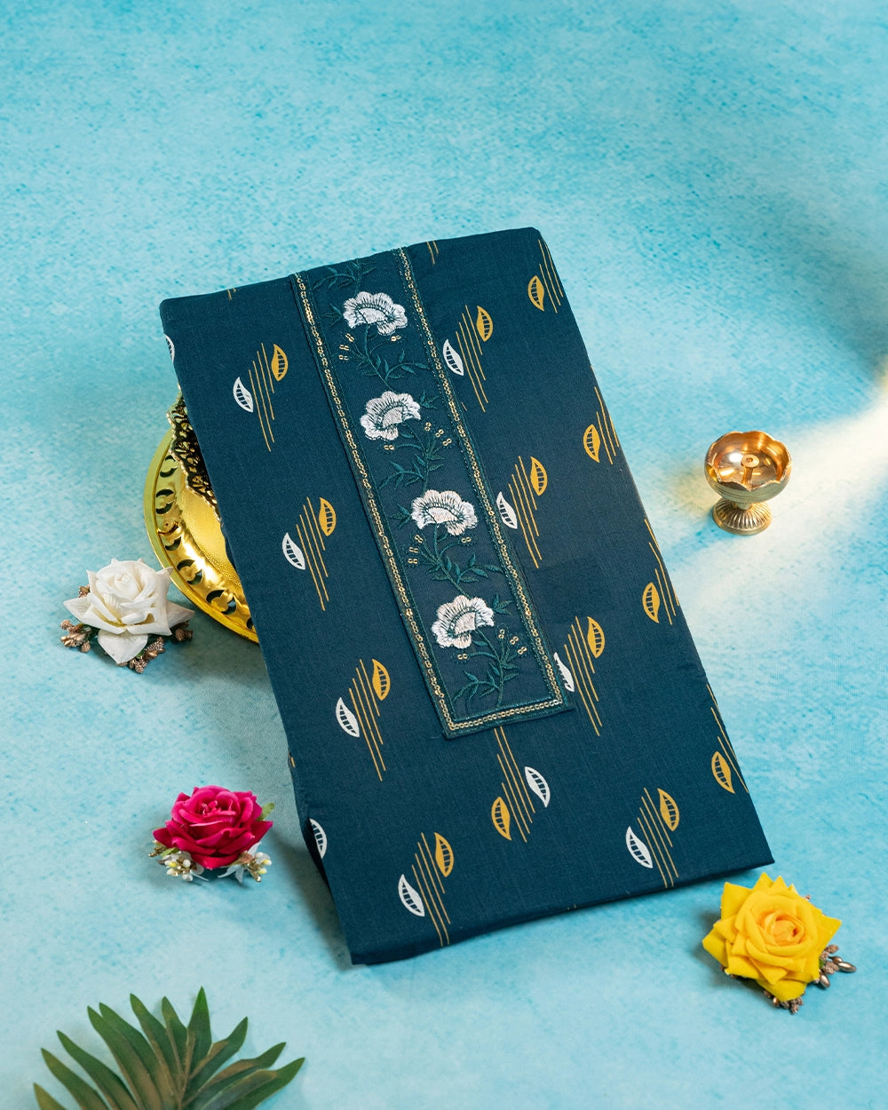 Elegant Teal Blue & Mustard Yellow Printed Chudi Material