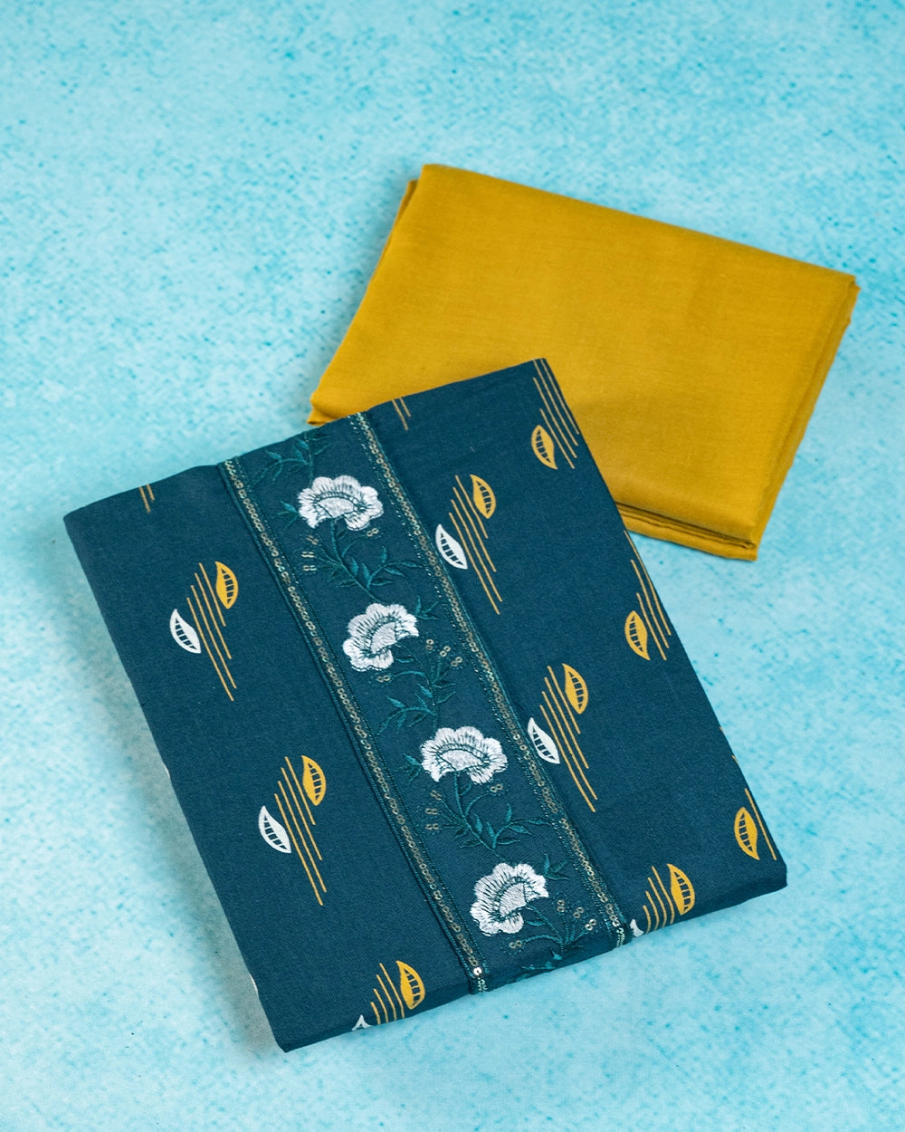 Elegant Teal Blue & Mustard Yellow Printed Chudi Material