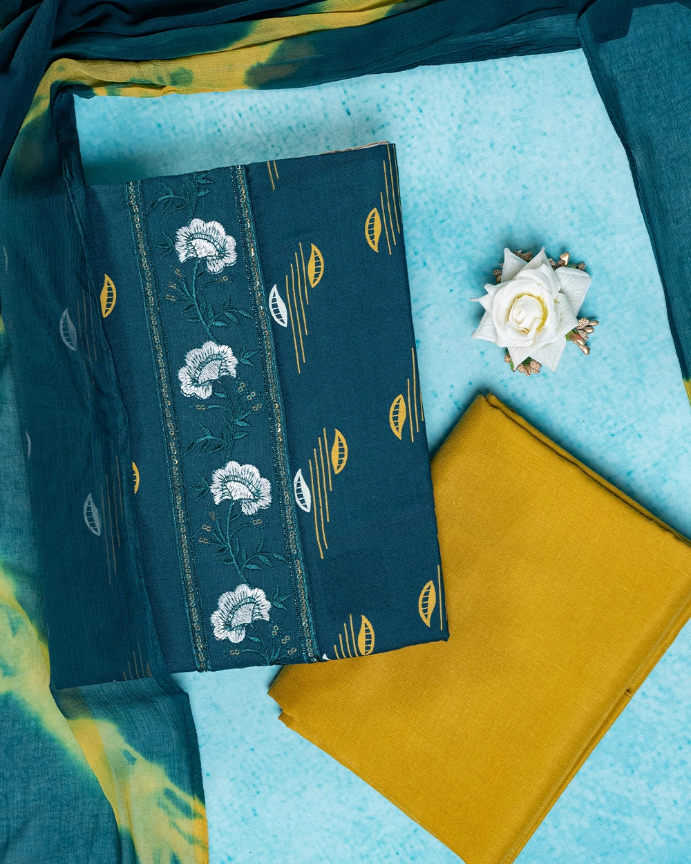 Elegant Teal Blue & Mustard Yellow Printed Chudi Material