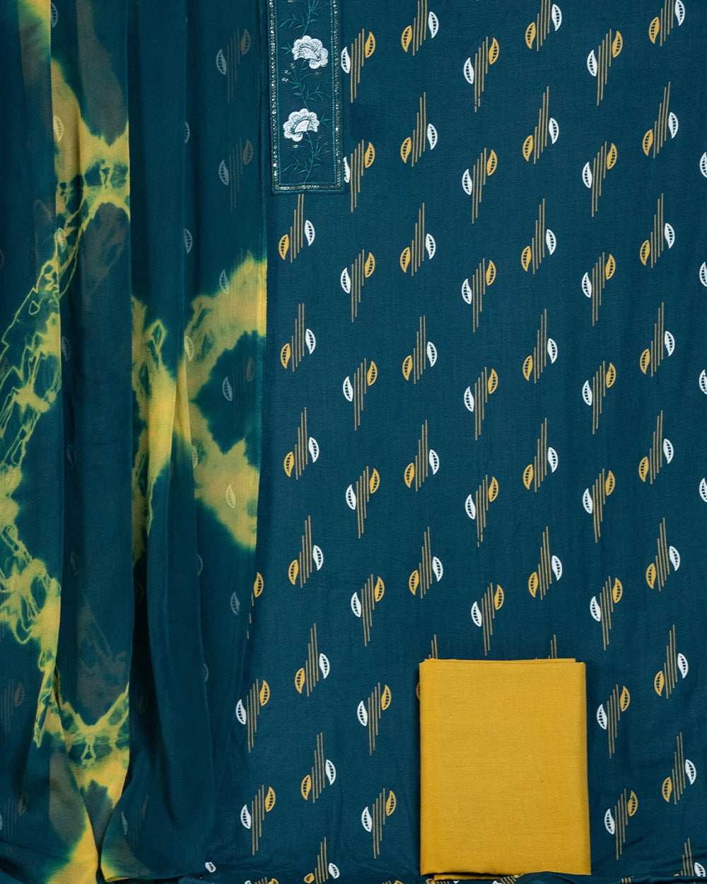 Elegant Teal Blue & Mustard Yellow Printed Chudi Material