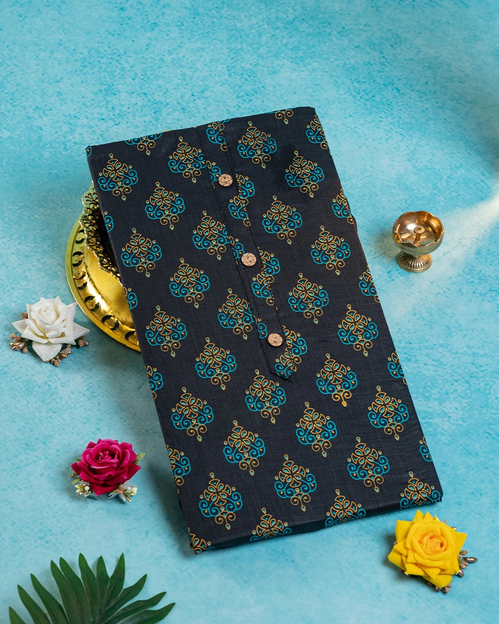 Elegant Charcoal Grey &Teal Blue Printed Chudi Material