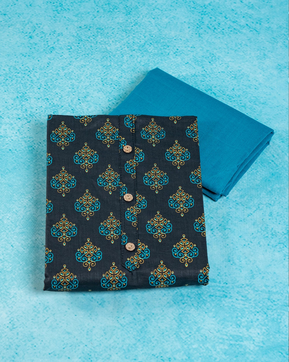 Elegant Charcoal Grey &Teal Blue Printed Chudi Material