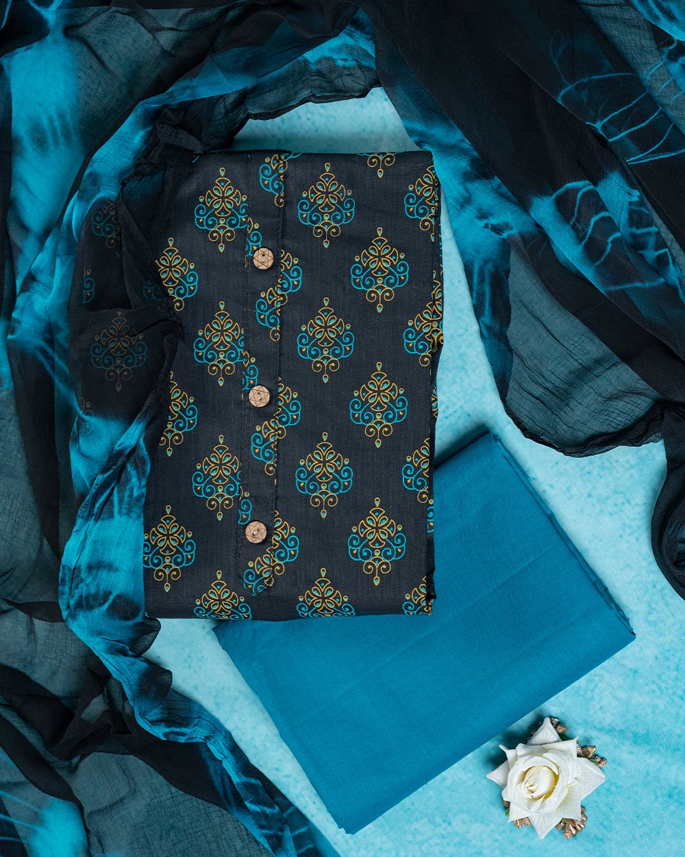 Elegant Charcoal Grey &Teal Blue Printed Chudi Material