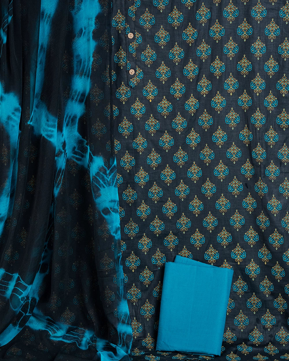 Elegant Charcoal Grey &Teal Blue Printed Chudi Material
