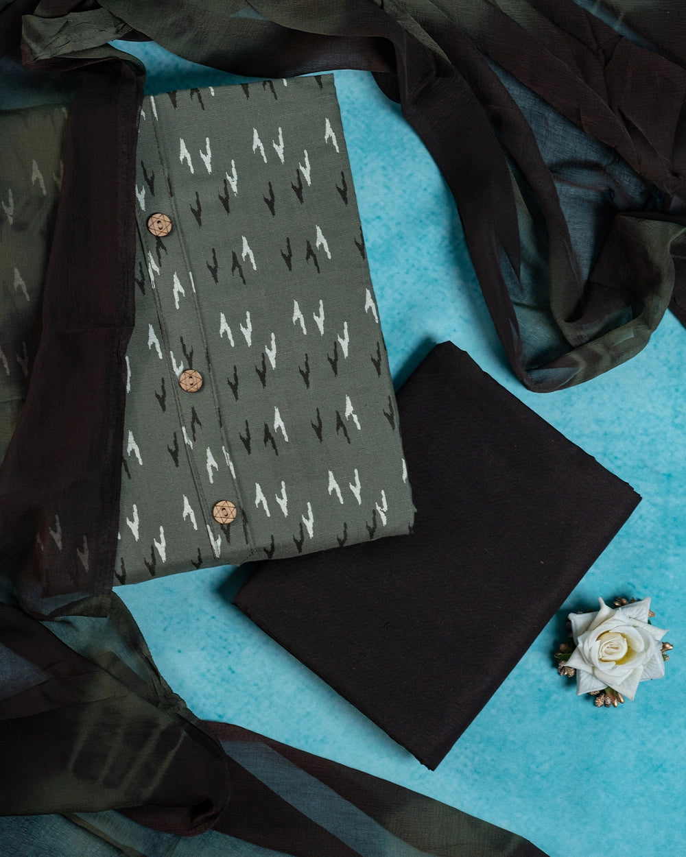 Elegant Olive Green & Brown Printed Chudi Material