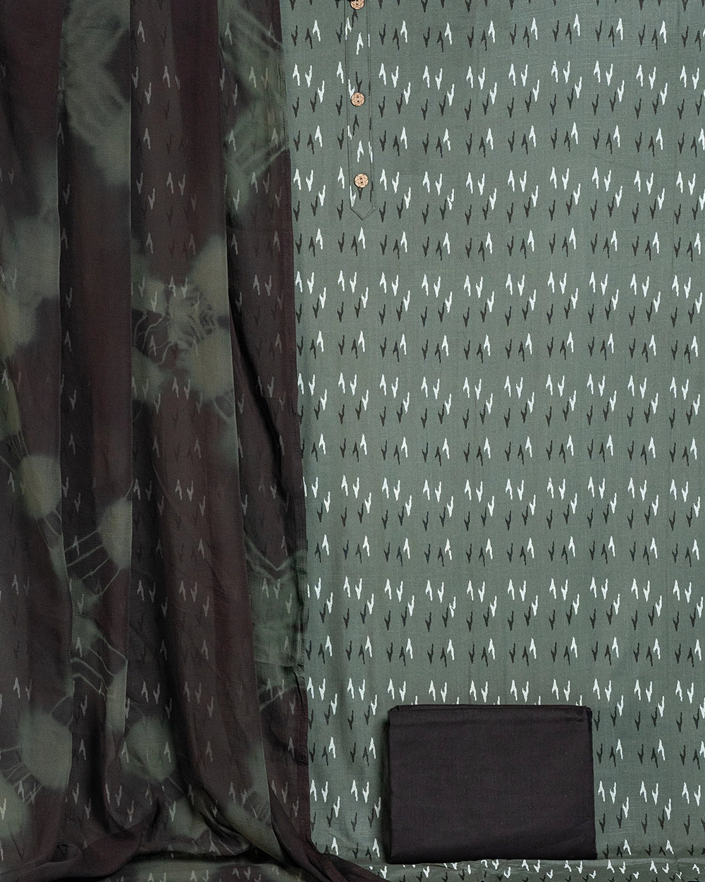 Elegant Olive Green & Brown Printed Chudi Material