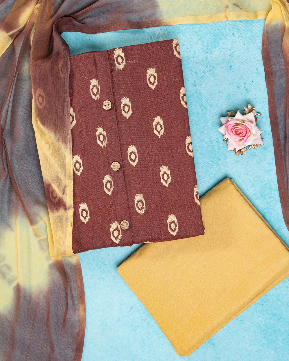 Elegant Maroon & Mustard Printed Chudi Material