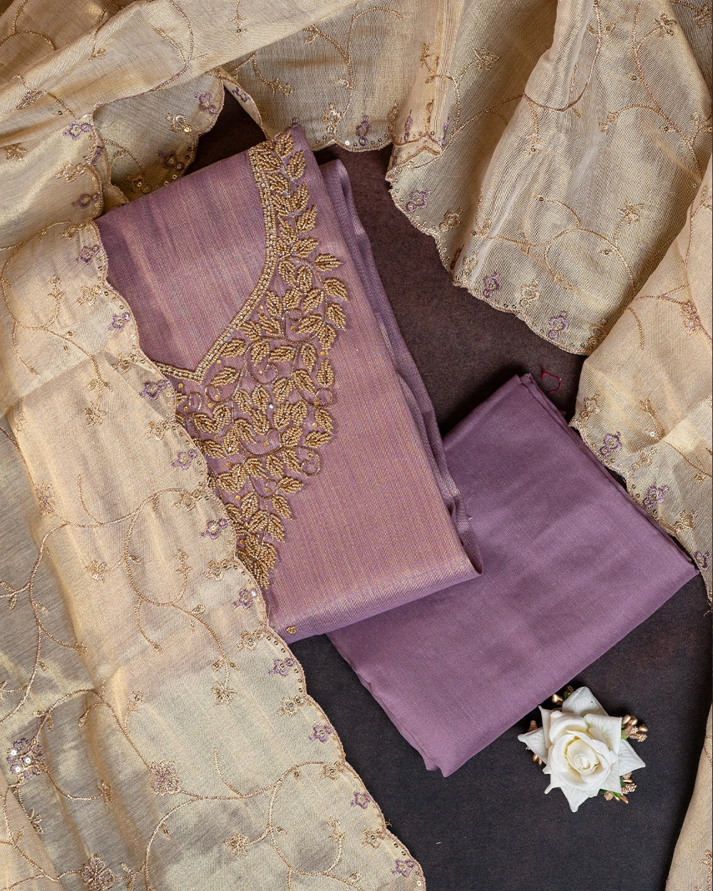 Elegant Mauve & Cream Printed Chudi Material
