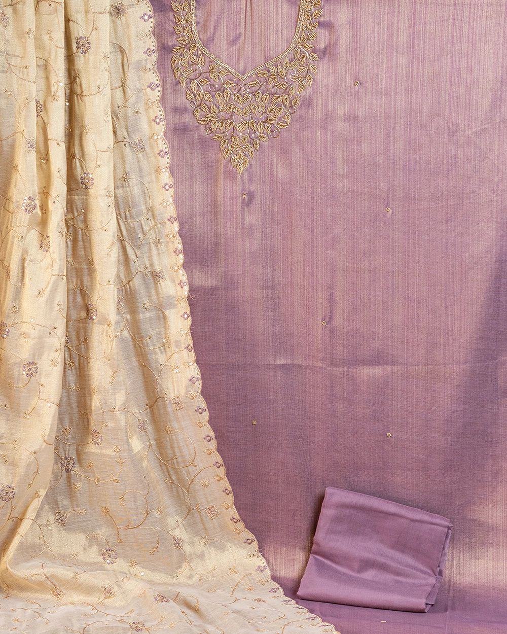 Elegant Mauve & Cream Printed Chudi Material