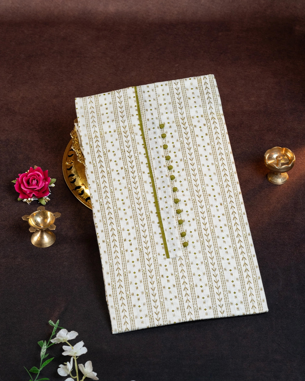 Elegant Olive Green &White Chudi Material