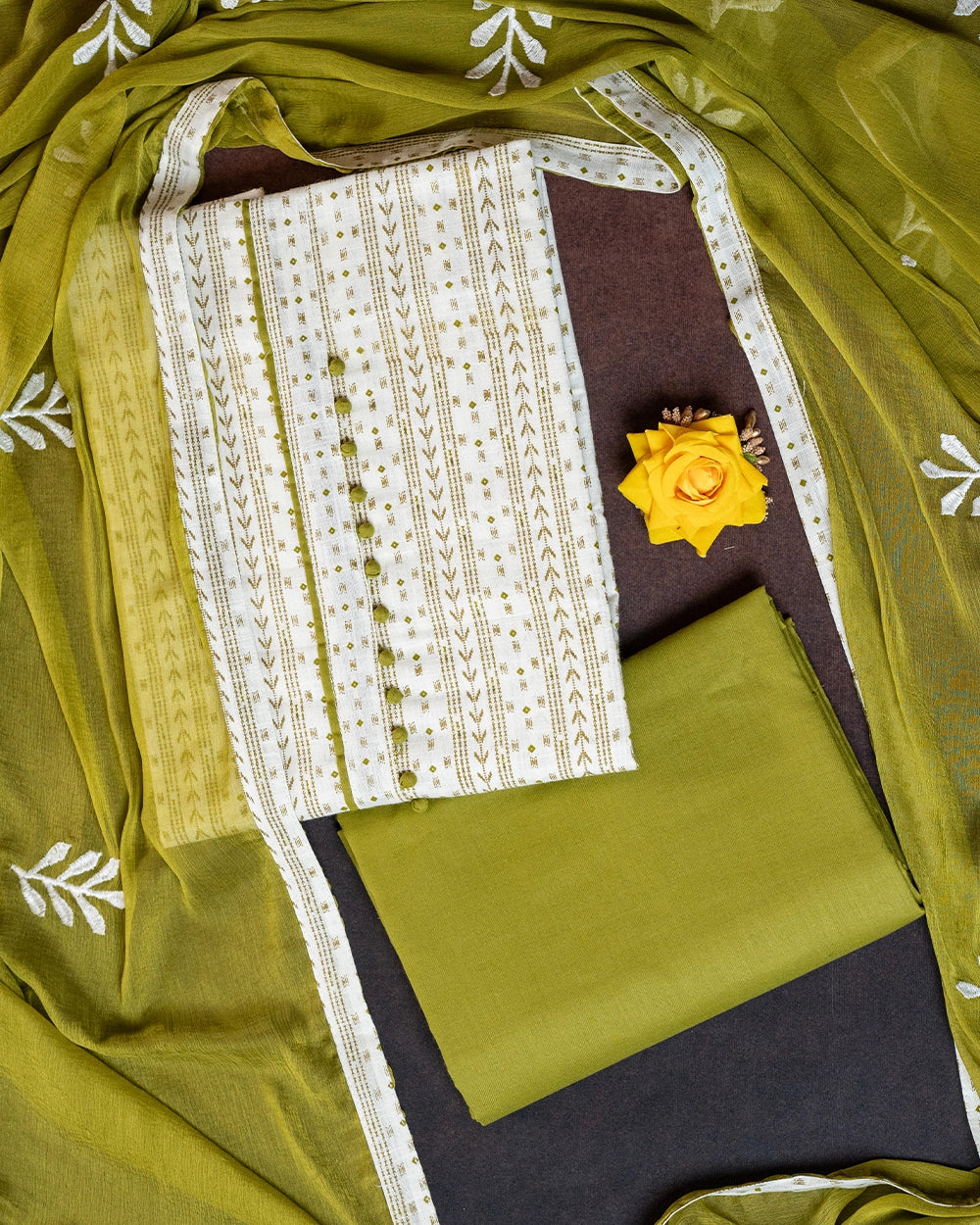Elegant Olive Green &White Chudi Material
