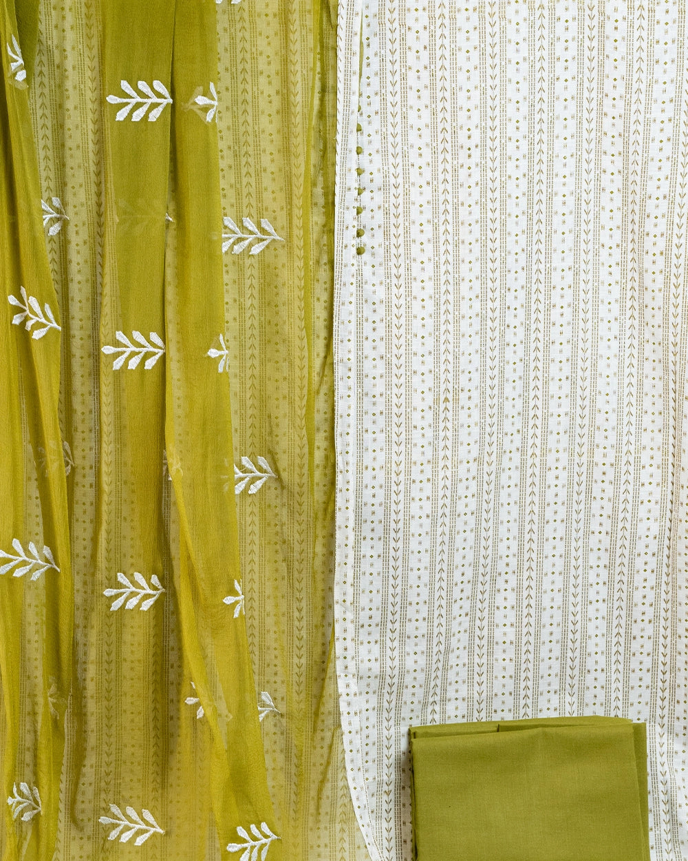 Elegant Olive Green &White Chudi Material