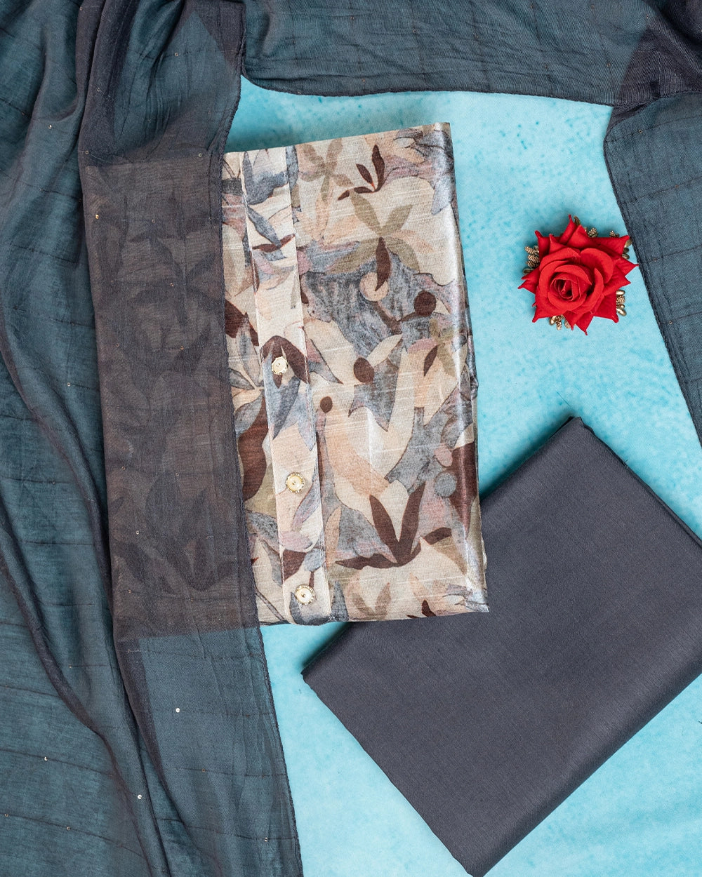 Elegant Beige &Charcoal Grey Abstract Printed Chudi Material