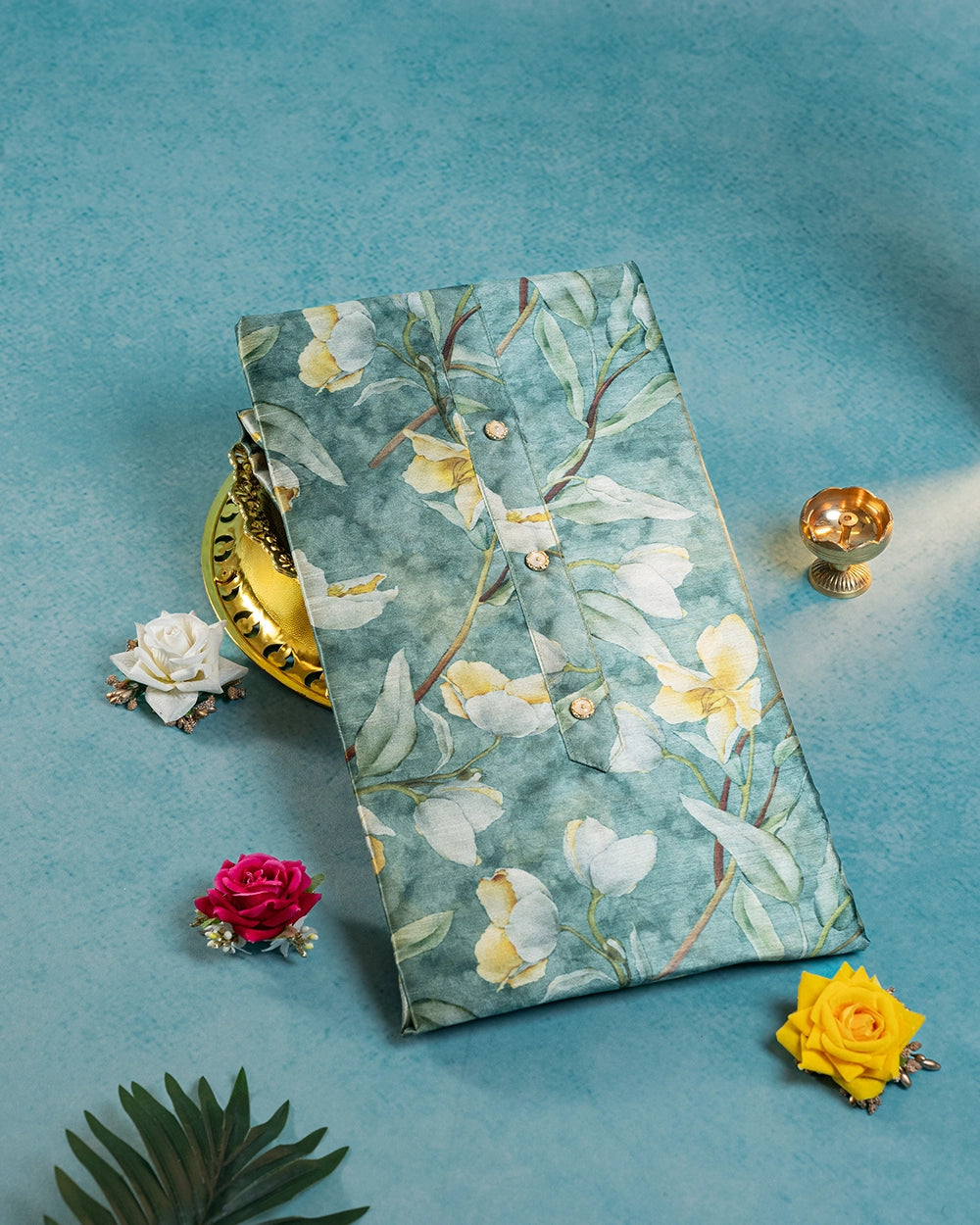 Elegant Sage Green & Mustard Yellow Floral Printed Chudi Material